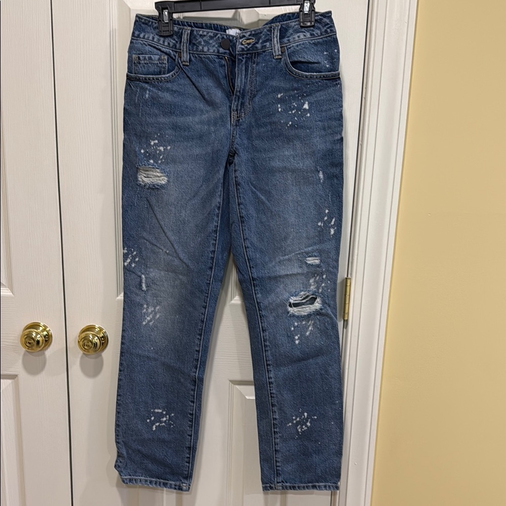 CAbi Blue Straight Leg Jeans with Distressed Details
